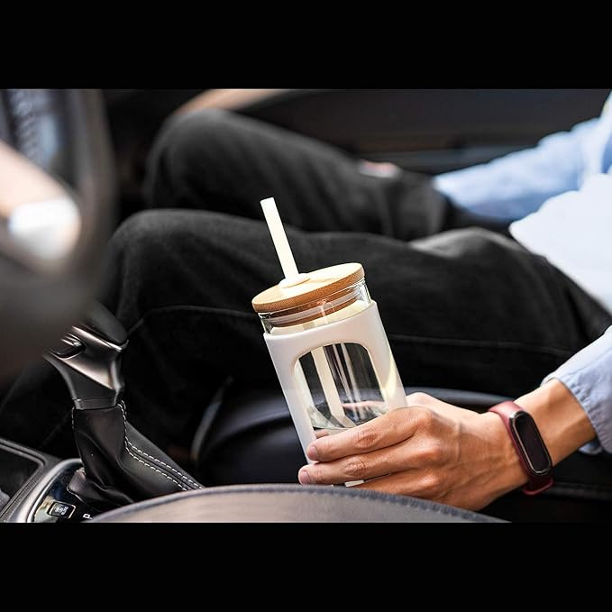 Kodrine 20oz Glass Water Tumbler with Straw and Lid, Bamboo Lids Water Bottle, Iced Coffee Cup Reusable, Wide Mouth Smoothie Cups with Protective Silicone Sleeve BPA FREE-White