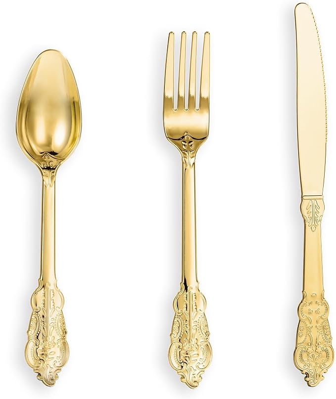 N9R 120PCS Gold Plastic Silverware, Vintage Disposable Utensils & Cutlery | 40 Fancy Forks, Spoons, Knives, Heavy Duty, BPA-Free, for Party, Weddings, Birthday & Holiday by N9RTABLEWARE