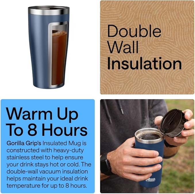 GORILLA GRIP 304 Stainless Steel Double Insulated Travel Coffee Mug, Leakproof Lid with Smooth Sip Top, Prevent Spills, Dent & Rust Resistant Reusable Tumbler Cup, Thermal Mugs for Drinks, 20oz, Navy - Image 3