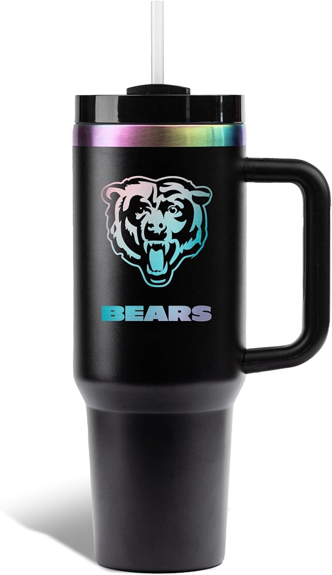 The Memory Company NFL 40oz Iridescent Tumbler - Double-Wall Vacuum Insulated Stainless Steel Water Bottle - Team Spirit Travel Cup with Handle, Lid and Straw, Hot and Cold Drink Container