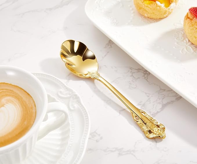 KEAWELL Premium Luxury 4-Piece 6" Tea Spoon Set, 18/10 Stainless Steel, Vintage Coffee Espresso Demitasse Spoons, Smooth Edges, Dishwasher Safe (Gold)