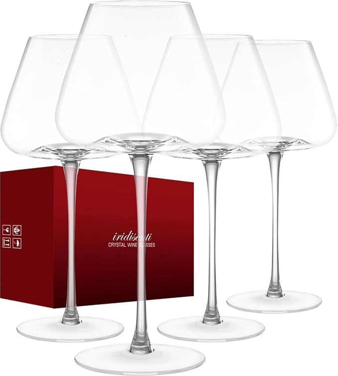 Hand-Blown 23.5OZ Crystal Wine Glasses Set of 4 for Pinot Noir, Burgundy, Bordeaux, Large Lead-Free Crystal Glasses with Unique Bottom Design for Red, White Wine, Big Oversized Glasses by iridisenti