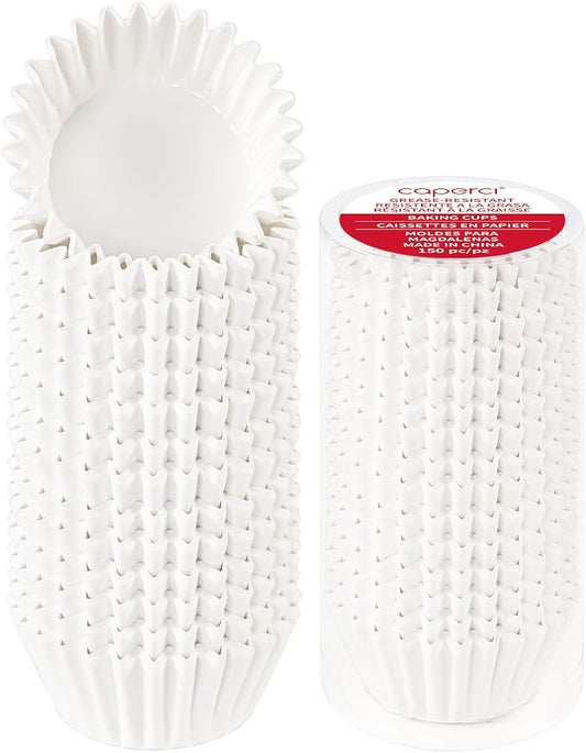 Caperci Heavy Duty Standard White Cupcake Liners 150 Counts - Grease-Resistant Paper Muffin Baking Cups, Odorless, No Muffin Pan Needed, Easily Peels (White) by Caperci