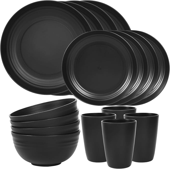 Quatish 16 Piece Plates and Bowls Sets for 4, Unbreakable Dinnerware Sets, Dish Set for Camping, Dishwasher Microwave Safe, Outdoor Kitchen and Apartment Dorm Dinning RV Essentials, Black by Quatish