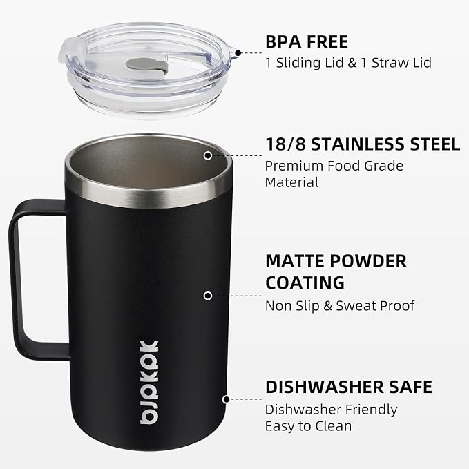 BJPKPK 25oz Insulated Coffee Mug with Handle, Stainless Steel Travel Mug | Keeps Drinks Hot & Cold, Double Wall Vacuum, 2 Lids Included, BPA-Free Coffee Tumbler for Home, Office & Travel - Image 2