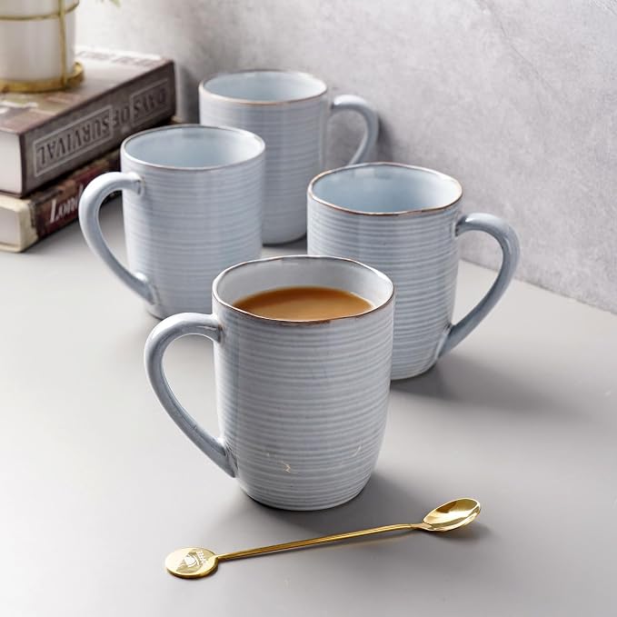 famiware Tempus Coffee Mugs Set of 4, 14 oz Coffee Cup Set, Stoneware Mugs with Handle for Coffee, Tea, Cocoa, Milk, Cappuccino, Microwave Safe - Pearl Blue - Image 4