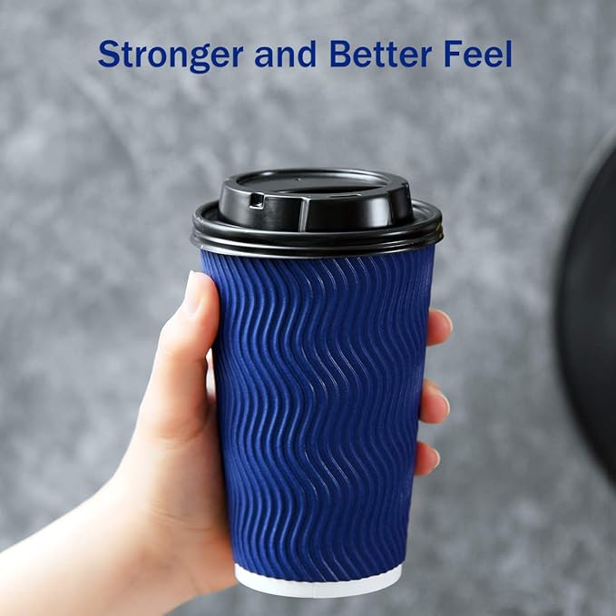 Disposable Coffee Cups with Lids and Straws - 16 oz (90 Set) Togo Hot Paper Coffee Cup with Lid To Go for Hot/Cold Beverages Espresso Tea Insulated Reusable Cold Drinks Ripple Cups Protect Fingers!