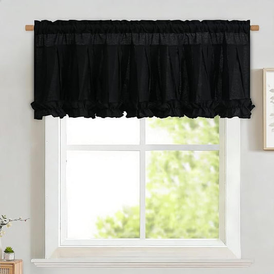 Likiyol Linen Valances for Windows Farmhouse Window Valances with Ruffle Rustic Country Light Filtering Kitchen Valance Curtains Rod Pocket Valance for Bathroom Cafe, Black, 52" W X 18" L by Likiyol