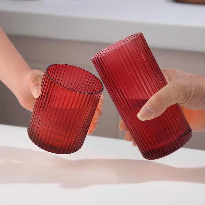 Ribbed Drinking Glasses 8pcs, 12oz and 10oz Glassware, Tumbler Glasses Cup Set for Wedding, Party, Christmas Gift, Red - Image 4