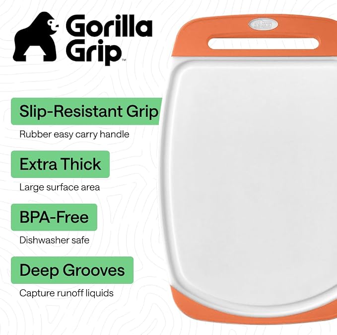 GORILLA GRIP BPA-Free Reversible Kitchen Cutting Board Set of 3 US Designed, Nonporous, Juice Grooves Catch Liquid, Slip Resistant Border, Dishwasher Safe Large Food Chopping Boards, Lime Orange Lemon - Image 2
