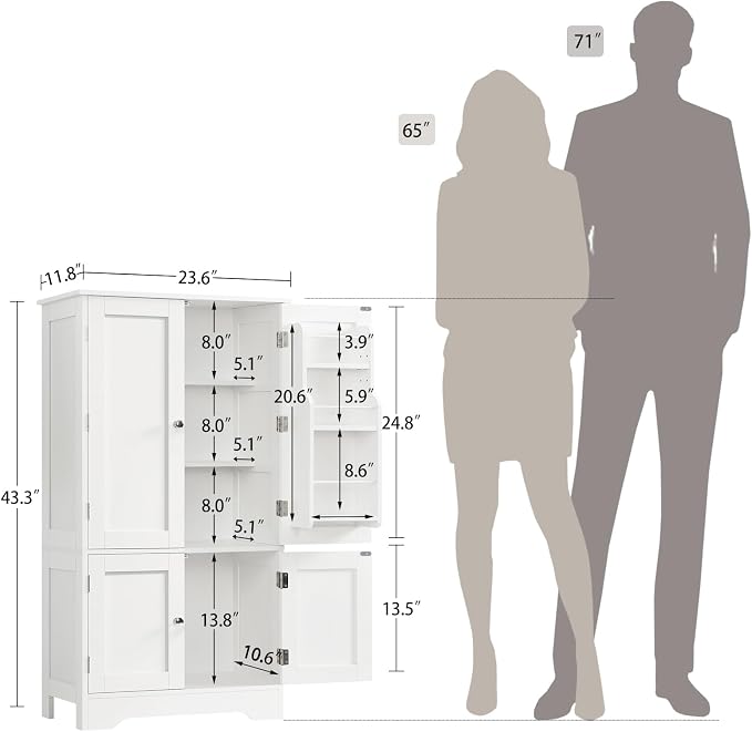 TEENFON 43'H Pantry Cabinet with 4 Doors, Kitchen Cabinet with 6 Door Shelves, Storage Cabinet-Kitchen Pantry for Living Room, Dining Room, Bathroom, White - Image 3