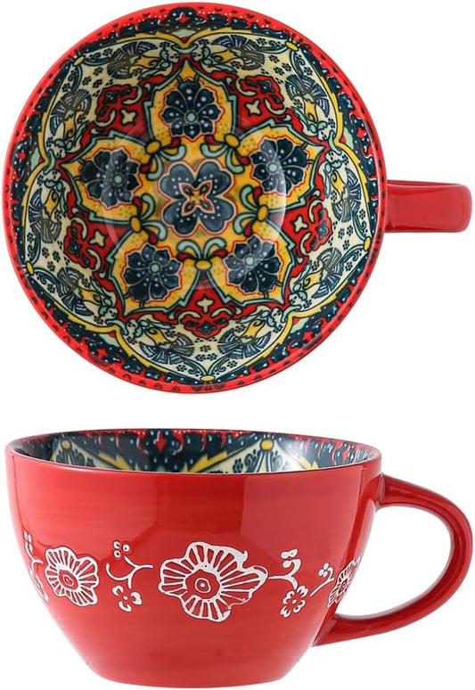 Red Ceramic Mug, Bohemian Hand-Painted, 15 Oz Large Coffee Cup for Milk, Tea, Breakfast, Dishwasher & Microwave Safe Cup by Unknown