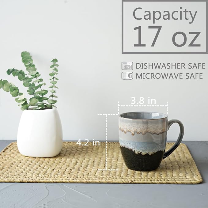 Bosmarlin Ceramic Coffee Mug Set of 4, 17 Oz, Coffee Cups with Big Handle, Microwave Safe, Unique Reactive Glaze (17 Oz, Grey) - Image 2