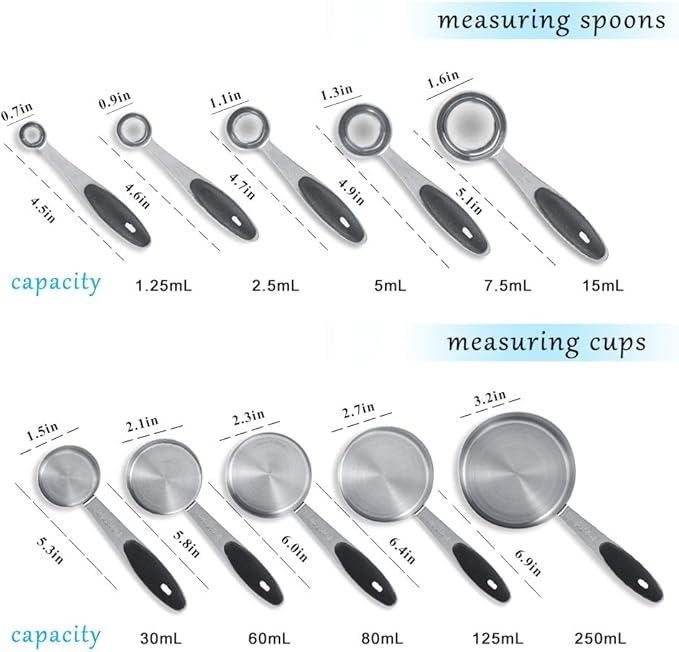 Measuring Cups and Spoons Set, Set of 10 Stainless Steel Measuring Cups and Spoons Stackable with Silicone Handles for Kitchen Cooking Baking