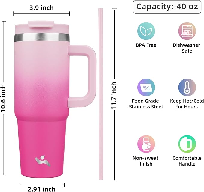 Konokyo 40 oz Insulated Tumbler Water Bottle with Handle, Straw Lid | BPA-free and dishwasher safe; made for gym, travel, coffee and gifting, 2 straws, cup holder friendly,Cherry Blossoms - Image 4