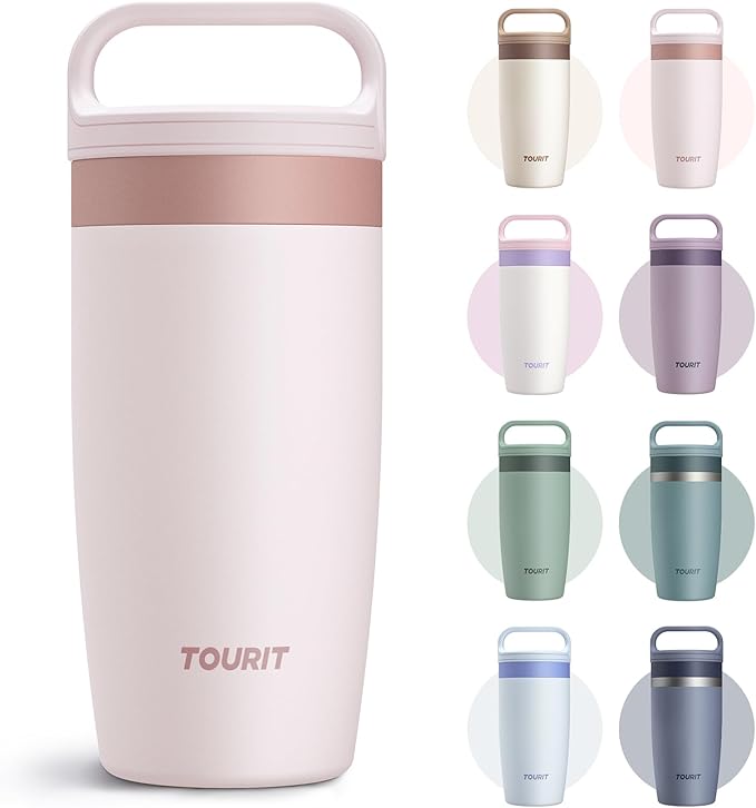 TOURIT Travel Coffee Mug 16 oz, Leakproof 2-Part Drink Lid Coffee Tumbler Cup, Insulated Stainless Steel Travel Mug, Dishwasher Safe Reusable Water Bottle, BPA-Free Coffee Mug, Light pink by TOURIT