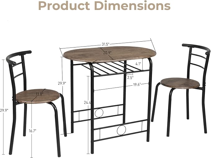 VINGLI 3 Piece Dining Set,Small Kitchen Table Set for 2,Breakfast Table Set for 2,Kitchen Wooden Table and 2 Chairs for Small Space/Dining Room/Apartment,Metal Frame,Wine Rack,Rustic - Image 6