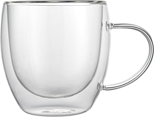 Restaurantware-Forma Professional 8.5 Ounce Glass Coffee Cups, 12 Insulated Coffee Cups With Handle - Dishwashable, Reusable, Clear Double Wall Beverage Tumblers, Freezable, For Hot Or Cold Beverages