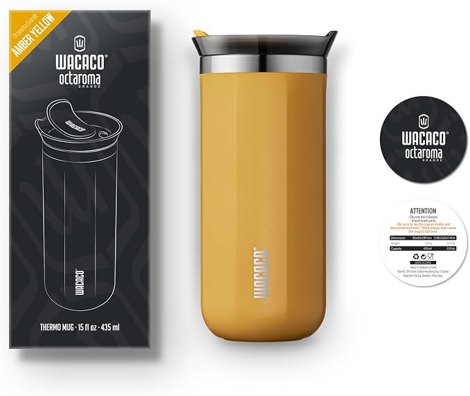 WACACO Octaroma Grande Vacuum Insulated Coffee Mug, 15 fl oz (435ml), Double-wall Stainless Steel Travel Tumbler With Drinking Lid, Amber Yellow - Image 7
