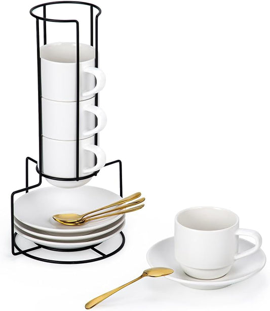 Lareina 8 Ounce Porcelain Cappuccino Cups Set of 4, Stackable Coffee Cups with Saucers, Spoons and Metal Stand -for Specialty Coffee Drinks, Cappuccino, Latte, Americano and Tea, White by Lareina
