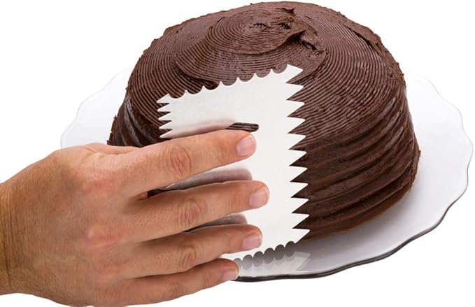Restaurantware Pastry Tek 4.8 Inch x 3.8 Inch Cake Scraper 1 4-Pattern Cake Smoother - Wave Edges Wide Tooth Edges Metal Icing Smoother Hanging Hole For Decorating Or Sculpting Desserts