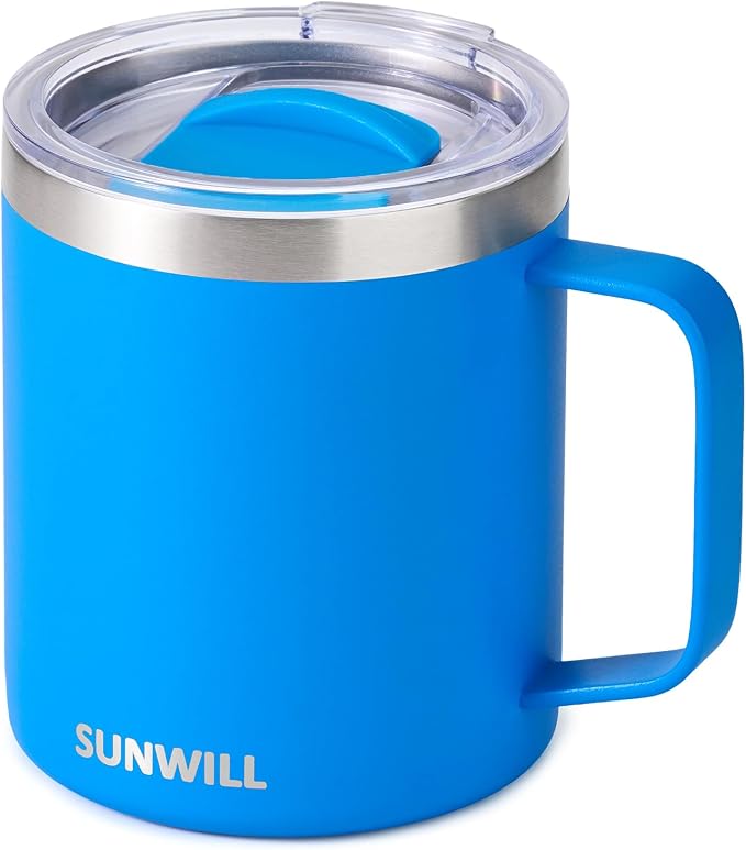SUNWILL Insulated Coffee Mug with Lid, Travel Tumbler with Handle, 14 oz Stainless Steel Cup for Camping, Office, Home, Powder Coated Royal Blue by SUNWILL