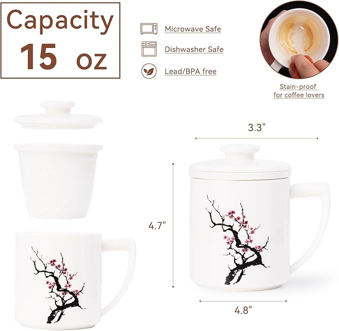 Ceramic Tea Mug with Infuser & Lid - 15oz Loose Leaf Tea Cup with Infuser,Hand-Painted Plum Blossom - Resilience & Elegance,Insulated Ceramic Coffee Mugs with Lid, Gift Set for Women/Men