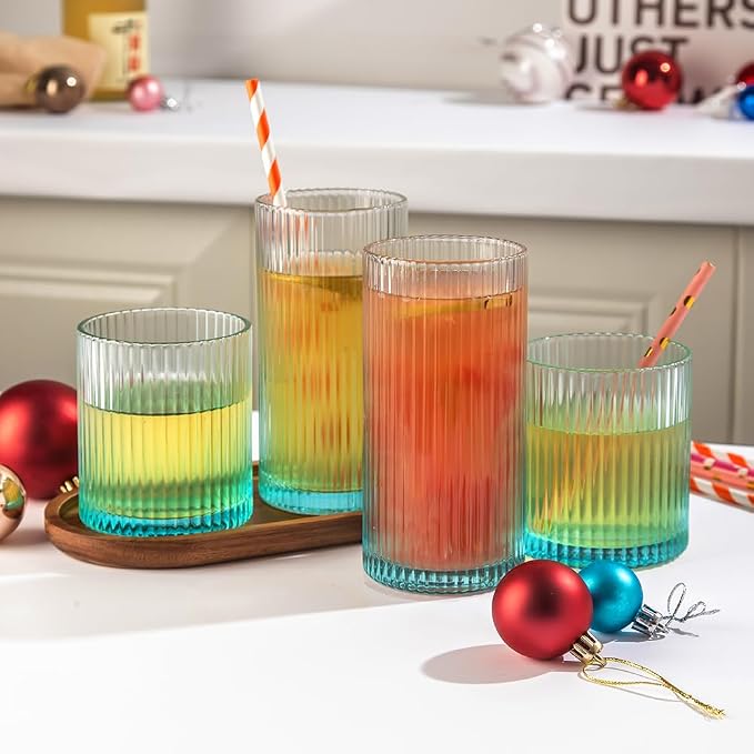 Ribbed Drinking Glasses 8pcs, 12oz and 10oz Glassware, Tumbler Glasses Cup Set for Wedding, Party, Christmas Gift, Blue - Image 2
