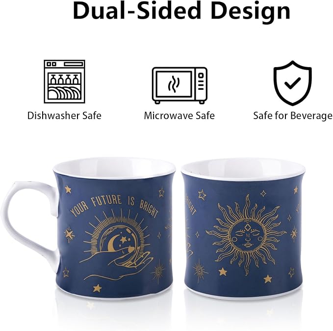 Blue Celestial Coffee Mug, "Your Future is Bright" Inspirational Theme Ceramic Mug, 12 oz New Bone China Mug with Tarot Symbols of Sun, Moon & Stars, Designed in England by Harvest Green Studio - Image 5