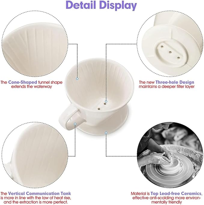 Ceramic Coffee Dripper|Ceramic Coffee Filter Reusable Pour Over Maker Dripper with 3 Drip Holes White