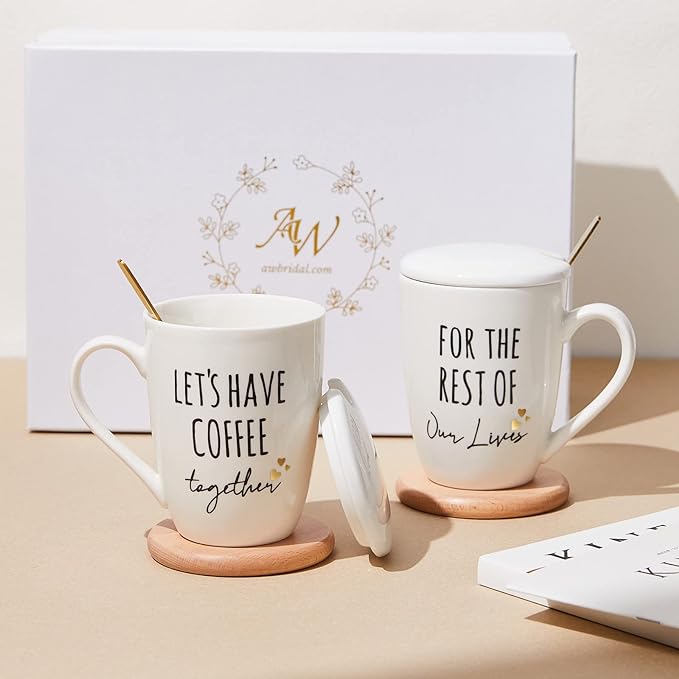 AW BRIDAL Ceramic Engagement Gifts For Couples Coffee Mugs Set Of 2, 12 Oz | Unique Newly Engaged Bachelorette Bridal Shower Gift for Bride, Anniversary Wedding Gifts for Couple Housewarming Gift Ideas by AWBRIDAL