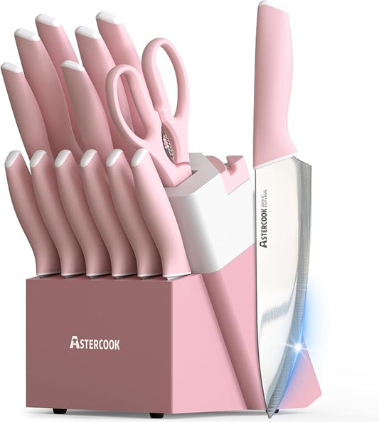 Astercook Knife Set, Kitchen Knives Set with Block and Sharpener 15 Pcs German Stainless Steel Knives Sharp Blade Dishwasher Safe Deba Knives with Ergonomic Handle, Crystal Pink by Astercook