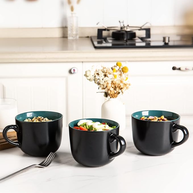 GBhome Jumbo Soup Mugs with Handles, 24 Oz Large Coffee Mugs Set of 4 | Ceramic Soup bowls for Soup Cereal Snacks Salad Noodles Cups, Microwave safe - Matte Black, Green Inside - Image 7