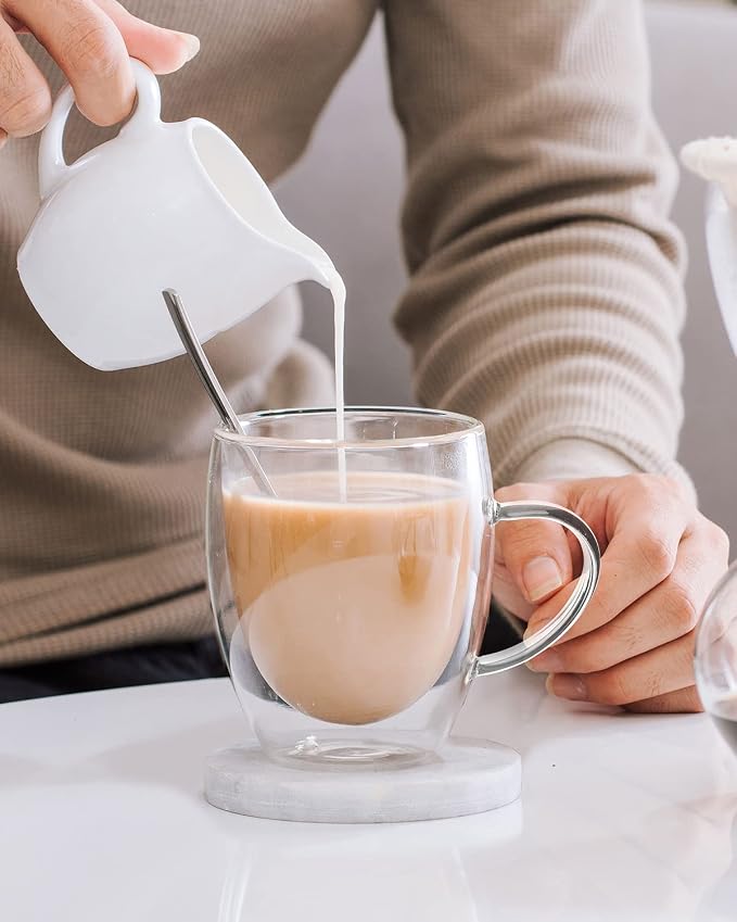 LIBWYS 12oz Double Walled Coffee Cups Glasses Mugs, Borosilicate Glass 2Pcs | Espresso Cappuccino Latte Tea Cups with Handle, Insulated Heat Resistant Clear Espresso Cups, Hot and Cold Beverages, 350ml - Image 5