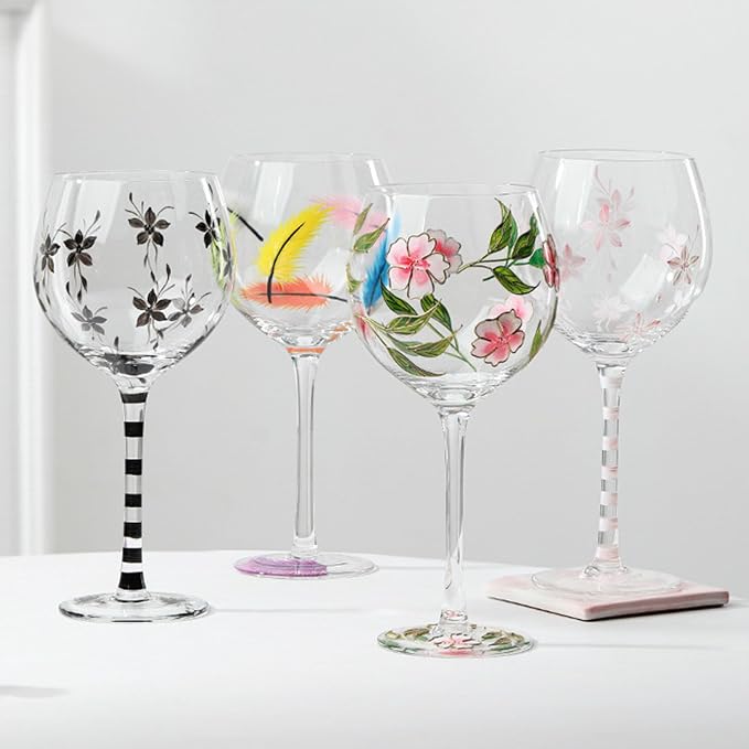Hand Painted Red Wine Glass Feathered/Flower Pattern Champagne Cup for Restaurant Large Capacity Glassware Hand Daubed Wine Glass - Image 4