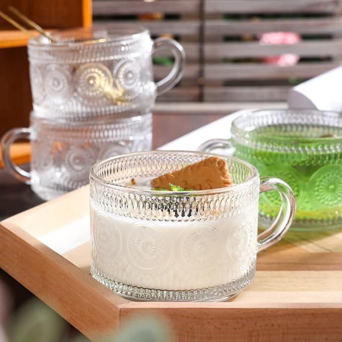 Vintage Glass Coffee Mugs Set of 4, 14 Ounces Embossed Glass Coffee Cups Stackable Coffee Mugs for Cereal, Yogurt, Latte, Clear Breakfast Cups with Handle for Beverages (Sunflower*4) - Image 7