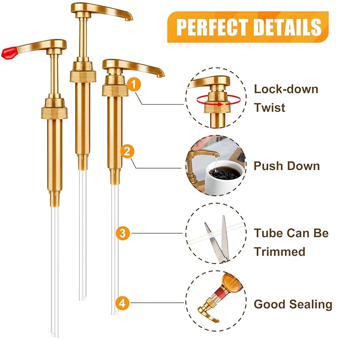 12 Pcs Syrup Pump, Gold Coffee Syrup Pumps with 20 Pcs Red Lid, Coffee Syrups Dispenser for Bottles, Drinks, Dessert, Tea(750 ML 25.4 OZ Bottles)