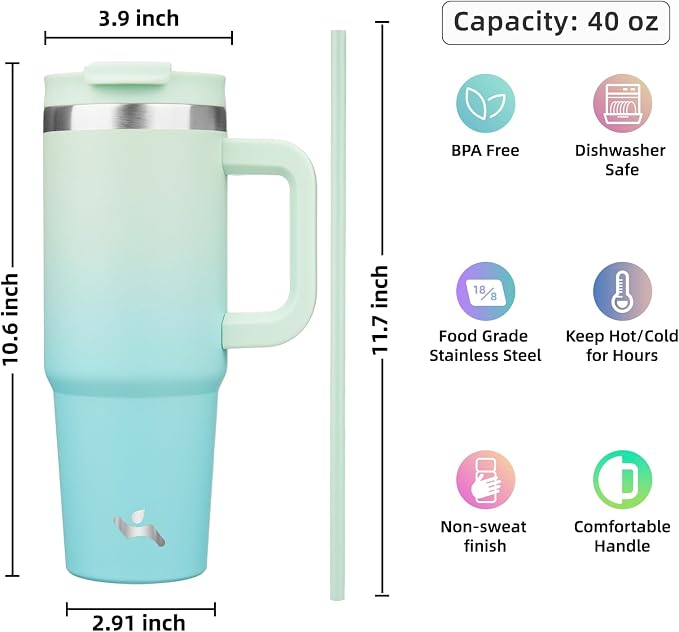 Konokyo 40 oz Insulated Tumbler Water Bottle with Handle, Straw Lid | BPA-free and dishwasher safe; made for gym, travel, coffee and gifting, 2 straws, cup holder friendly,Mint - Image 4