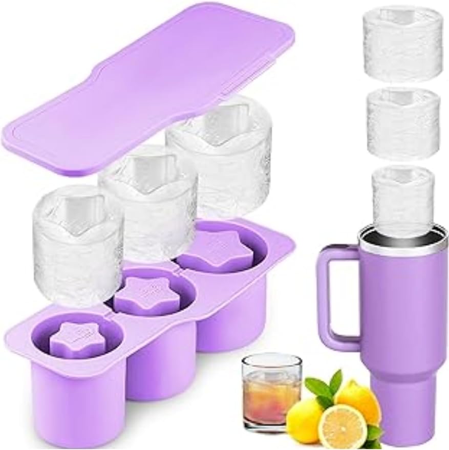 Ice Cube Tray for Stanley Cup, Silicone Ice Cube Tray Star Mold with Lid, Fits 20/30/40 oz Tumblers, Whiskey Glasses, Popsicle Mold, Reusable, Dishwasher Safe (Purple), Regular, ICT001