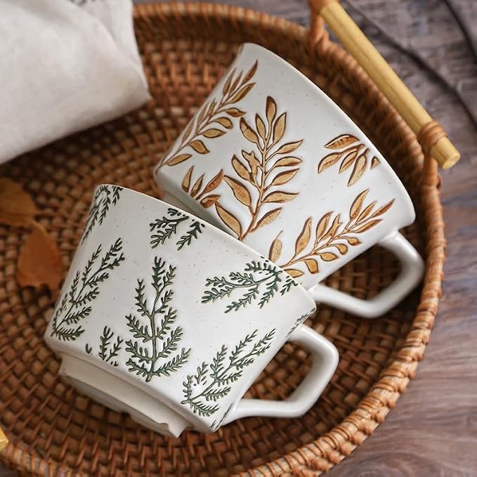 Small Ceramic Mug 1pc, 11oz - Vintage Coffee Mug, Handmade Pottery Cup for Milk, Latte, Cappuccino, Tea - Porcelain Dishwasher, Microwave Safe Stoneware Green Leaf - Image 5