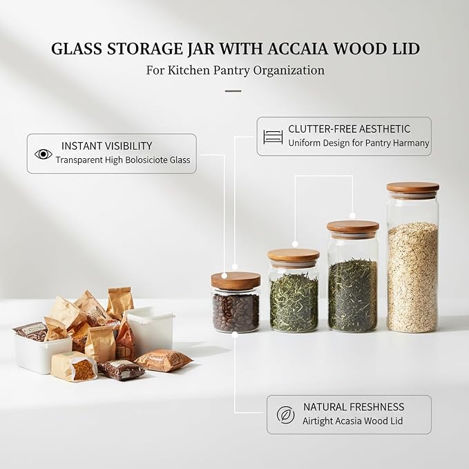 Clear Glass Storage Jars with Acacia Wood Lids for Pantry Organization - Dry Food Containers for Kitchen Countertops - Image 4