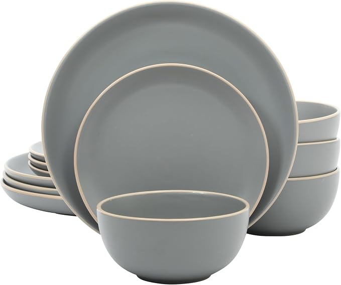 Gibson Home Rockaway 12-Piece Stoneware Dinnerware Set, Matte Finish, Service for 4, Modern Ceramic Plates and Bowls, Microwave & Dishwasher Safe – Soft Gray - Service for 4 by GibsonHomewares