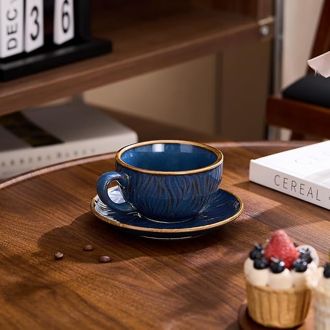 Coffeezone Vintage Design 12 oz Ceramic Latte Art Cappuccino Barista Cup with Saucer (Wave Blue) - Image 5