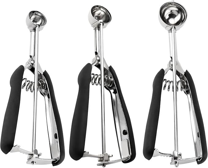 Small Cookie Scoop Set - 3 PCS Include 1 tsp / 2 tsp / 3tsp Cookie Dough Scoops, Cookies Scoops for Baking, Made of 18/8 Stainless Steel, Good Soft Grips, Quick Trigger Release