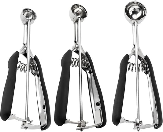 Small Cookie Scoop Set - 3 PCS Include 1 tsp / 2 tsp / 3tsp Cookie Dough Scoops, Cookies Scoops for Baking, Made of 18/8 Stainless Steel, Good Soft Grips, Quick Trigger Release