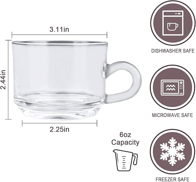 Clear Coffee Mug With Handle 6 oz, Glass Tea Latte Cappuccino Mug Set of 12 | Premium Clear Glass Coffee Cups, Tea Mugs for Hot & Cold Beverages, Perfect for Espresso, Latte, Cappuccino, Tea & More - Image 2