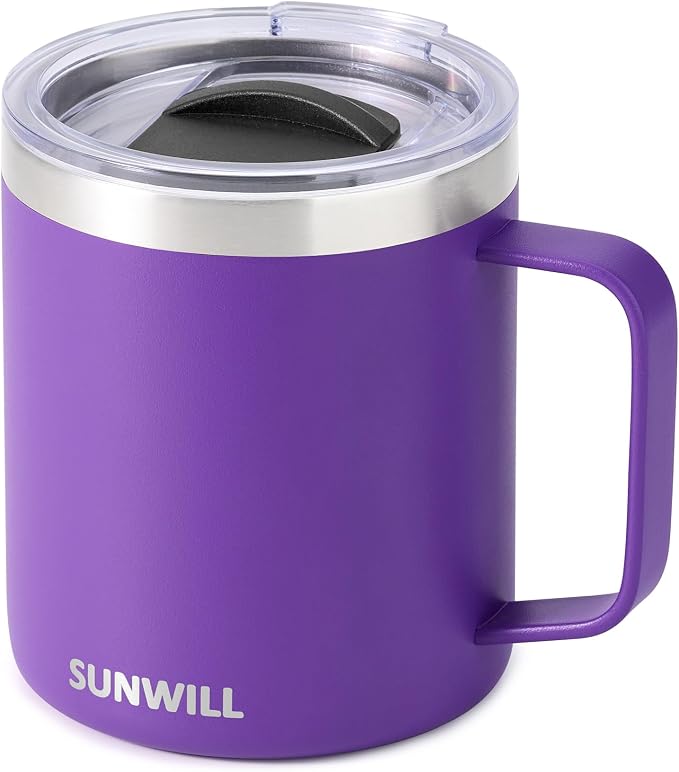 SUNWILL Insulated Coffee Mug with Lid, Travel Tumbler with Handle, 14 oz Stainless Steel Cup for Camping, Office, Home, Powder Coated Purple by SUNWILL