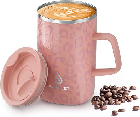 Ideus 16 oz Insulated Stainless Steel Coffee Mug with Lid, Leopard Pink | Perfect for home, office, or daily use| Easy to clean wide mouth| Sweat-proof| On the go by IDEUS