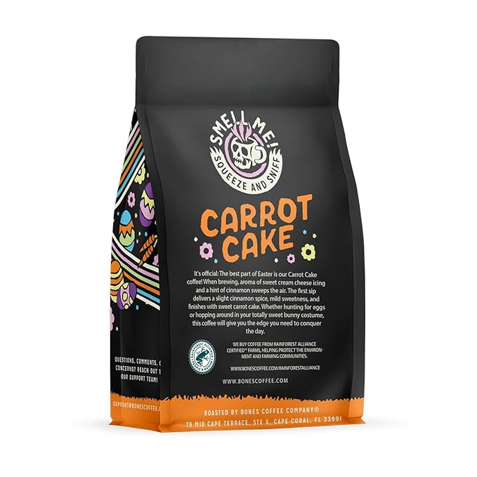 Bones Coffee Company Carrot Cake with Sweet Cream Cheese Flavored Coffee, Medium Roast Low Acid Arabica Beans Compatible with Auto drip and French Press Coffee Maker, 12 Oz Ground