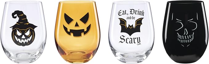Oneida Vintro Halloween Stemless Wine Glasses, Set of 4 | dishwasher safe | skeleton and bat designs | halloween party glassware | 5 inch, 18oz, halloween kitchen decor by Oneida
